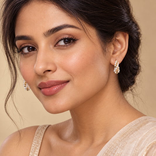 Twisted Golden Pearl Charm Hoops Earrings