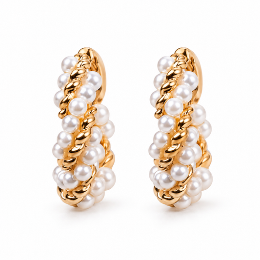 Twisted Golden Pearl Charm Hoops Earrings