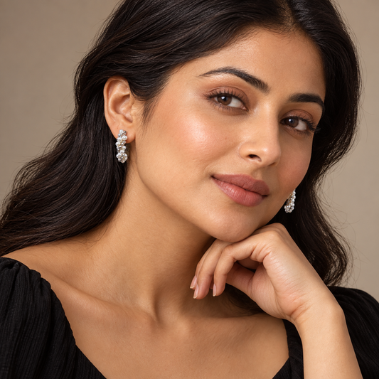 Twisted Silver Pearl Charm Hoops Earrings