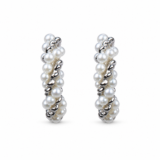 Twisted Silver Pearl Charm Hoops Earrings